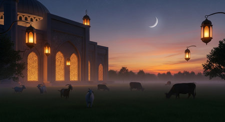 Ramadan Kareem background with sheeps and mosque. 3D renderingの素材