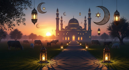 Ramadan Kareem background with mosque, lanterns and cows.の素材