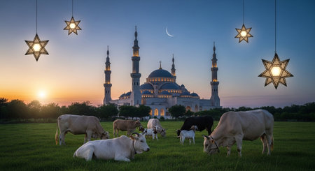 Sunset over the mosque and cows in the meadow with starsの素材