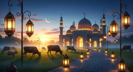 Ramadan Kareem background with mosque, sheep and lanterns.の素材