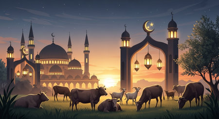 Illustration of ramadan kareem background with mosque and cowsの素材