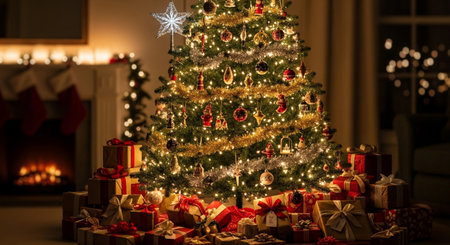 Christmas tree with presents and fireplace in the background in a cozy living roomの素材
