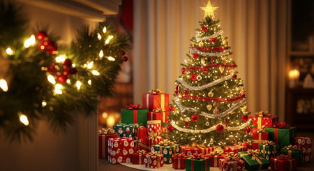 Decorated Christmas tree with presents in living room, closeupの素材