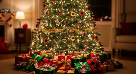 Christmas tree with presents under it in the living room at home.の素材
