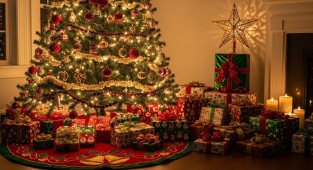 Christmas presents under the tree in the living room of the house.の素材