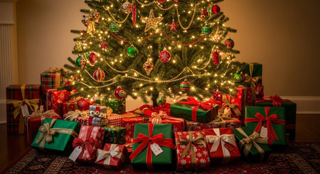 Christmas tree with presents under it in a room with a beautiful interiorの素材