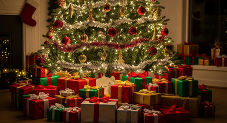 Christmas tree and gifts in the interior of the house. Christmas backgroundの素材