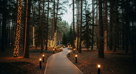 Wooden walkway in the pine forest with Christmas lights at night.の素材