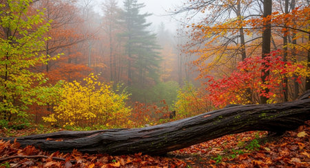 Fallen tree in the forest in the fog. Autumn landscape.の素材