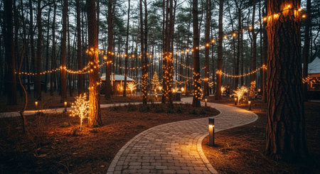 Garden decorated with lights and garlands for Christmas and New Yearの素材
