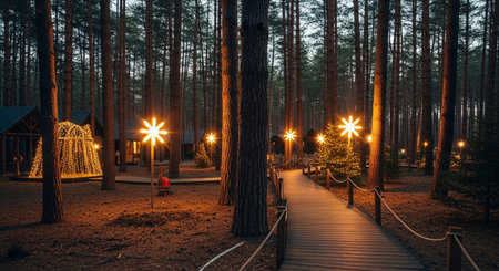 Wooden walkway in the pine forest at night with Christmas lights.の素材