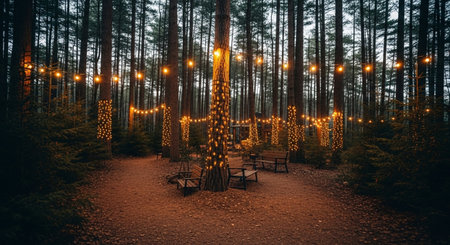 Wooden table and benches in the forest with Christmas lights in the eveningの素材