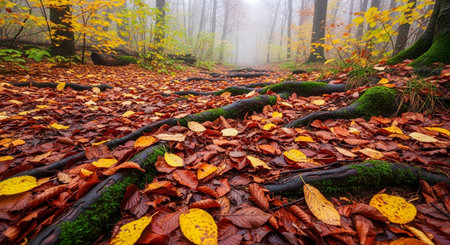Autumn landscape with fog in the forest and fallen leaves on the groundの素材