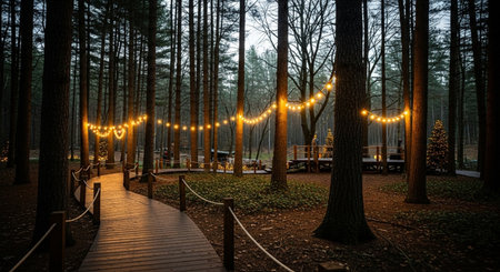 Wooden walkway in the forest with garland lights at nightの素材