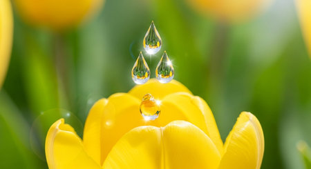 Close up of water droplets on yellow tulip petals.の素材