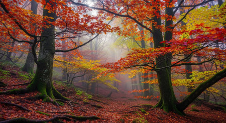 Autumn forest in the morning. Colorful trees in autumn forestの素材