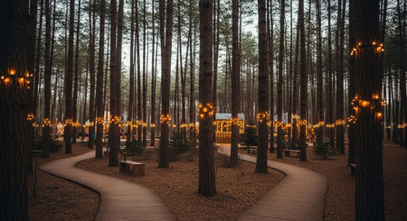 Wooden walkway in the pine forest with Christmas lights at nightの素材