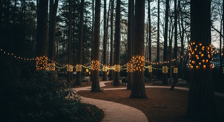 Lights on the trees in the forest at night. Christmas backgroundの素材