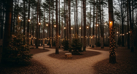 Beautiful Christmas trees in the forest at night with lanterns.の素材