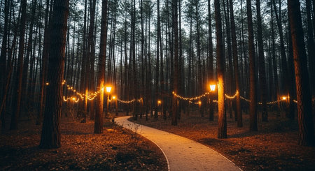 Path in the pine forest at night with garland lights. Beautiful winter landscape.の素材