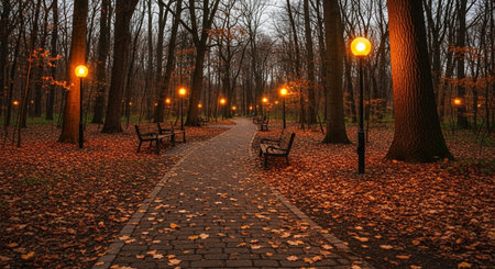 Autumn park with bench and lanterns in the evening, Polandの素材