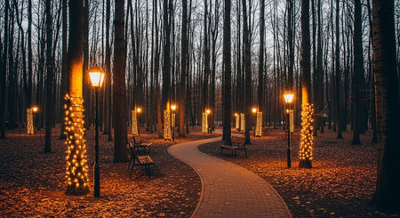 Walkway in the park decorated with Christmas lights on a winter eveningの素材