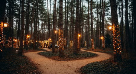 Pine trees in the park at night with garlands and lanternsの素材