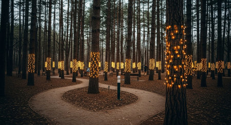 Avenue of light bulbs in the forest at night. Decorated trees.の素材