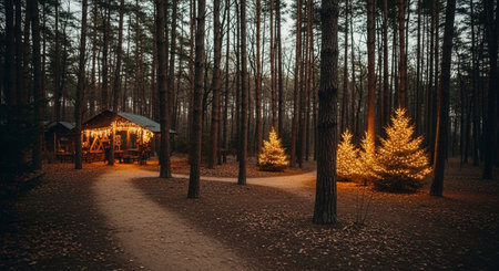 Beautiful winter forest with Christmas trees and wooden hut in the eveningの素材
