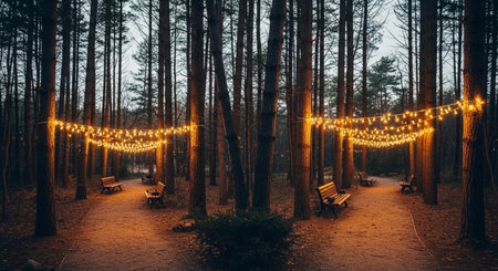 Christmas lights on the trees in the pine forest. Christmas and New Year conceptの素材