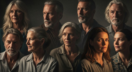 Group of senior people in a row against a dark background with copy spaceの素材