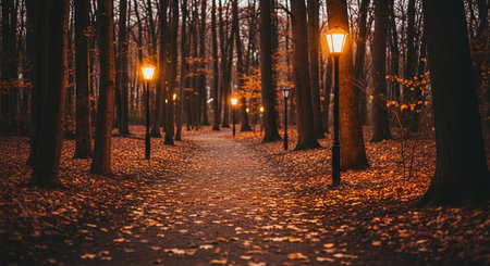 Autumn alley in the park at night with lanterns and fallen leavesの素材