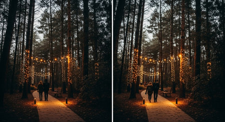 Conceptual collage of two images of a couple walking through a pine forest decorated with Christmas lightsの素材