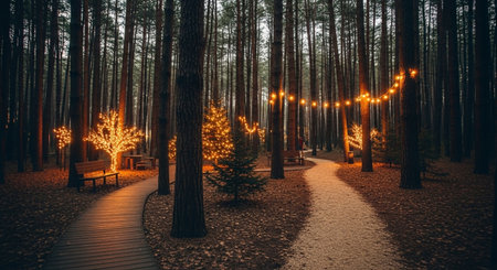 Wooden walkway in the forest with lanterns and Christmas treeの素材