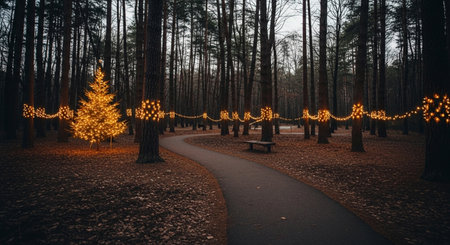 Christmas tree with garland lights in the park at winter night.の素材