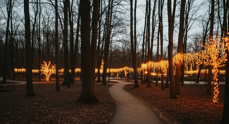 Winter park in the evening with lights and decorations. Beautiful landscape.の素材