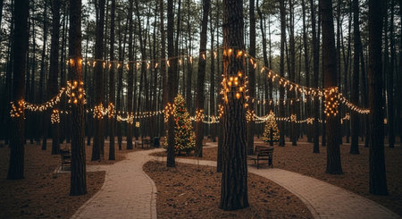 Christmas and New Year Decorations in Pine Tree Forest at Sunsetの素材