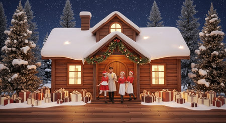 Happy family against christmas scene with santa claus and giftsの素材