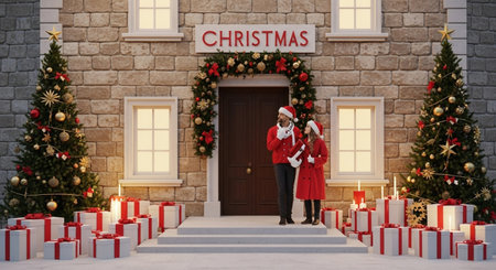 Merry Christmas and Happy New Year. A man and a woman in Santa Claus clothes decorate the entrance to the house.の素材