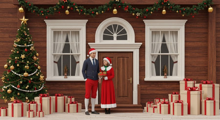 Happy couple in Santa Claus clothes standing in front of a house decorated for Christmas. 3D Renderingの素材