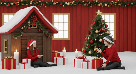 3D rendering of a girl and a boy in Santa Claus costumes sitting on the floor near a Christmas tree.の素材