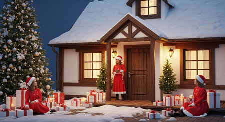 3d rendering of Santa Claus and little girl in front of christmas houseの素材