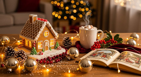 Cup of hot cocoa with gingerbread house and Christmas decorations on wooden tableの素材