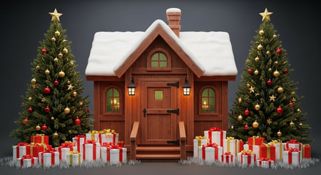 3d illustration of a wooden house with christmas tree and presentsの素材