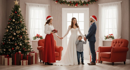 Happy family in Santa hats holding hands and standing in room decorated for Christmasの素材