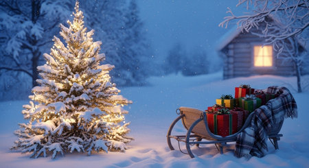 Christmas and New Year holidays background. Santa Claus sleigh with gifts and Christmas tree in the snow.の素材
