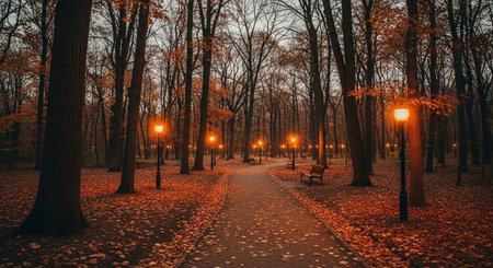 Autumn park at night with lanterns, benches and fallen leavesの素材