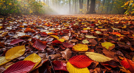 Colorful autumn leaves on the ground in the forest. Autumn backgroundの素材