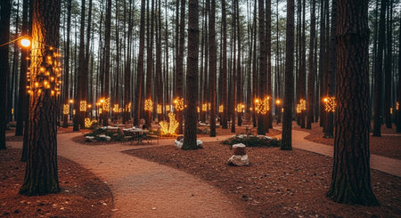 Pine trees in the park with lanterns in the evening.の素材