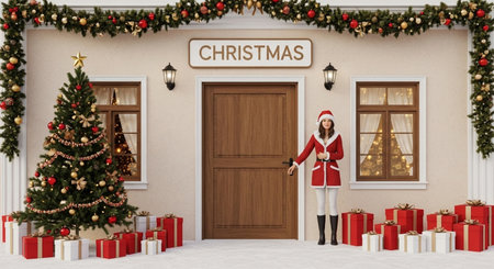 3D rendering of a female santa claus standing in front of a christmas doorの素材